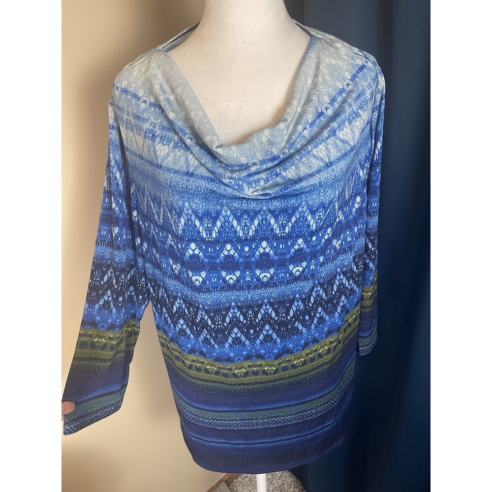 Susan Graver Liquid Knit Artsy Print Cowl Neck Top Sz XL